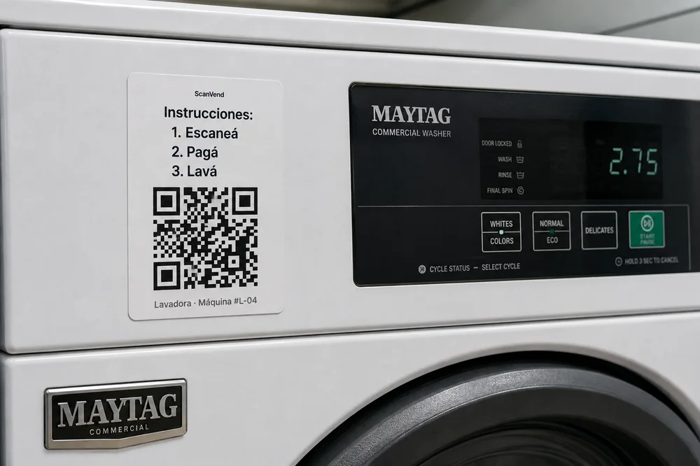 Etiqueta QR de ScanVend instalada sobre una lavadora comercial